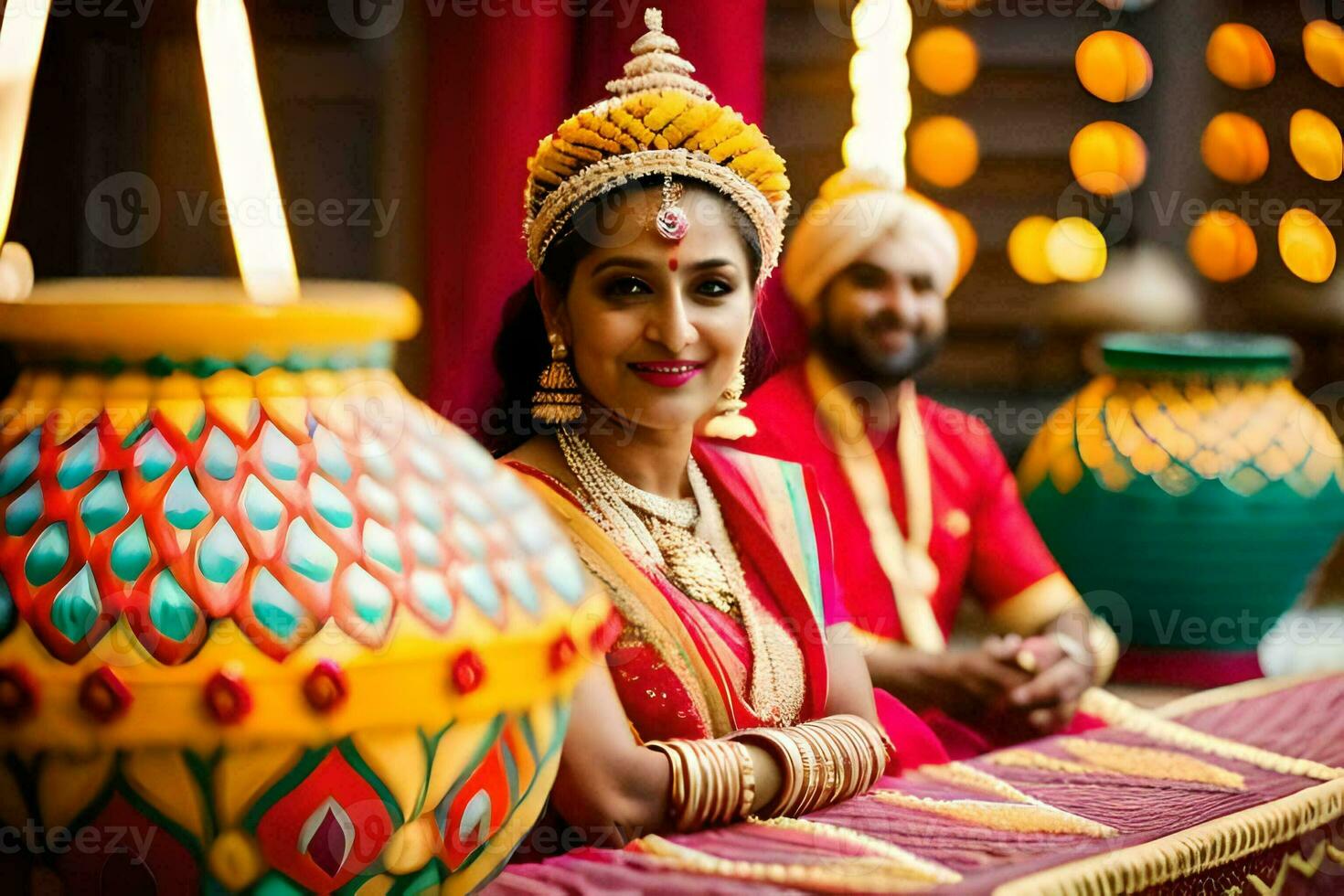 une magnifique Indien la mariée et jeune marié séance dans de face de une table avec coloré marmites. généré par ai photo