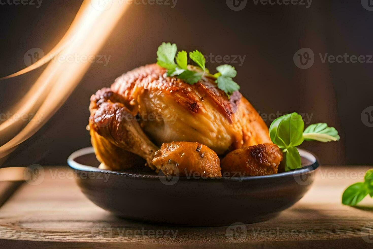 une rôti poulet sur une en bois table avec une Feu. généré par ai photo