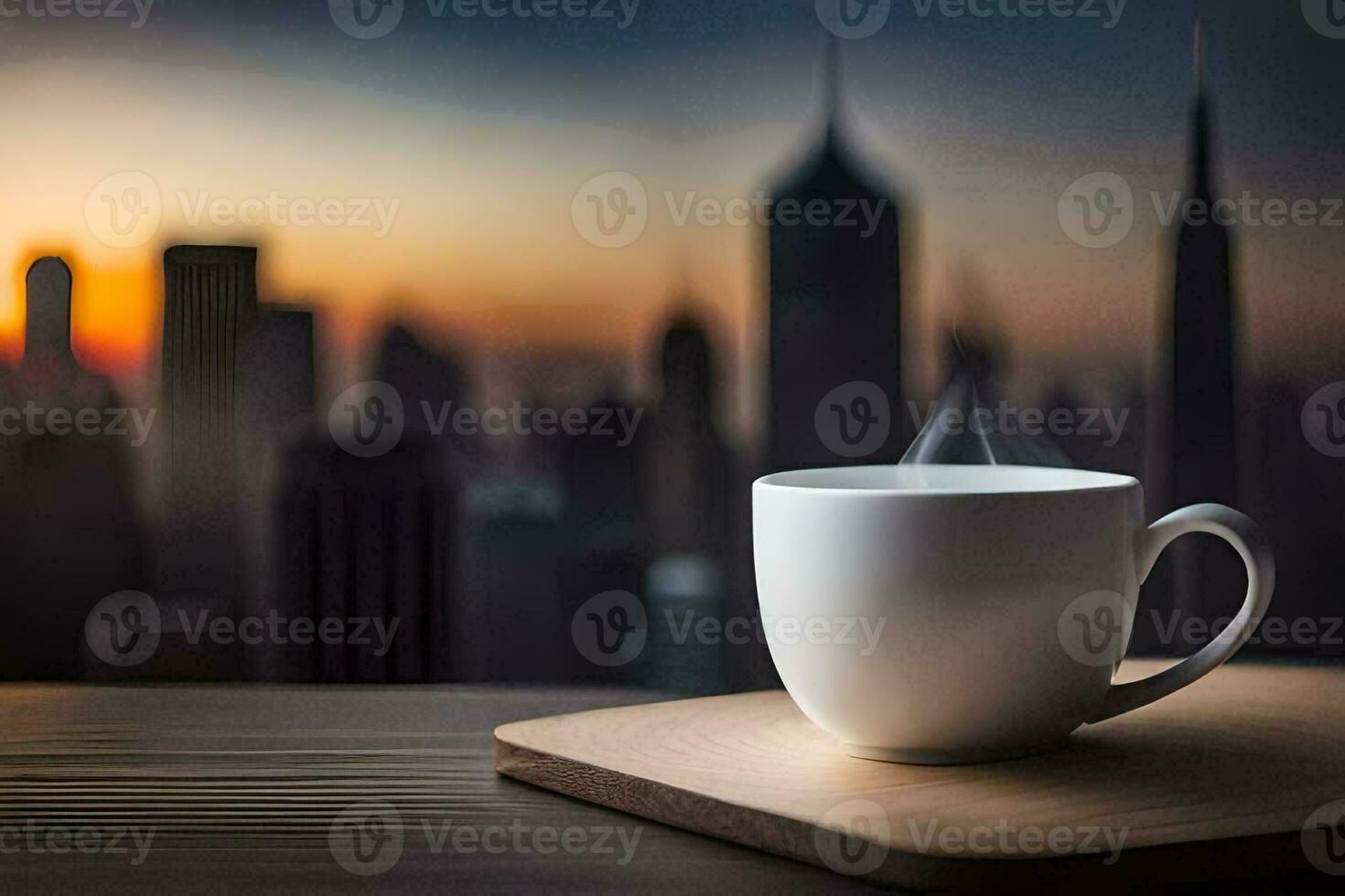 café tasse sur le table avec paysage urbain dans le Contexte. généré par ai photo