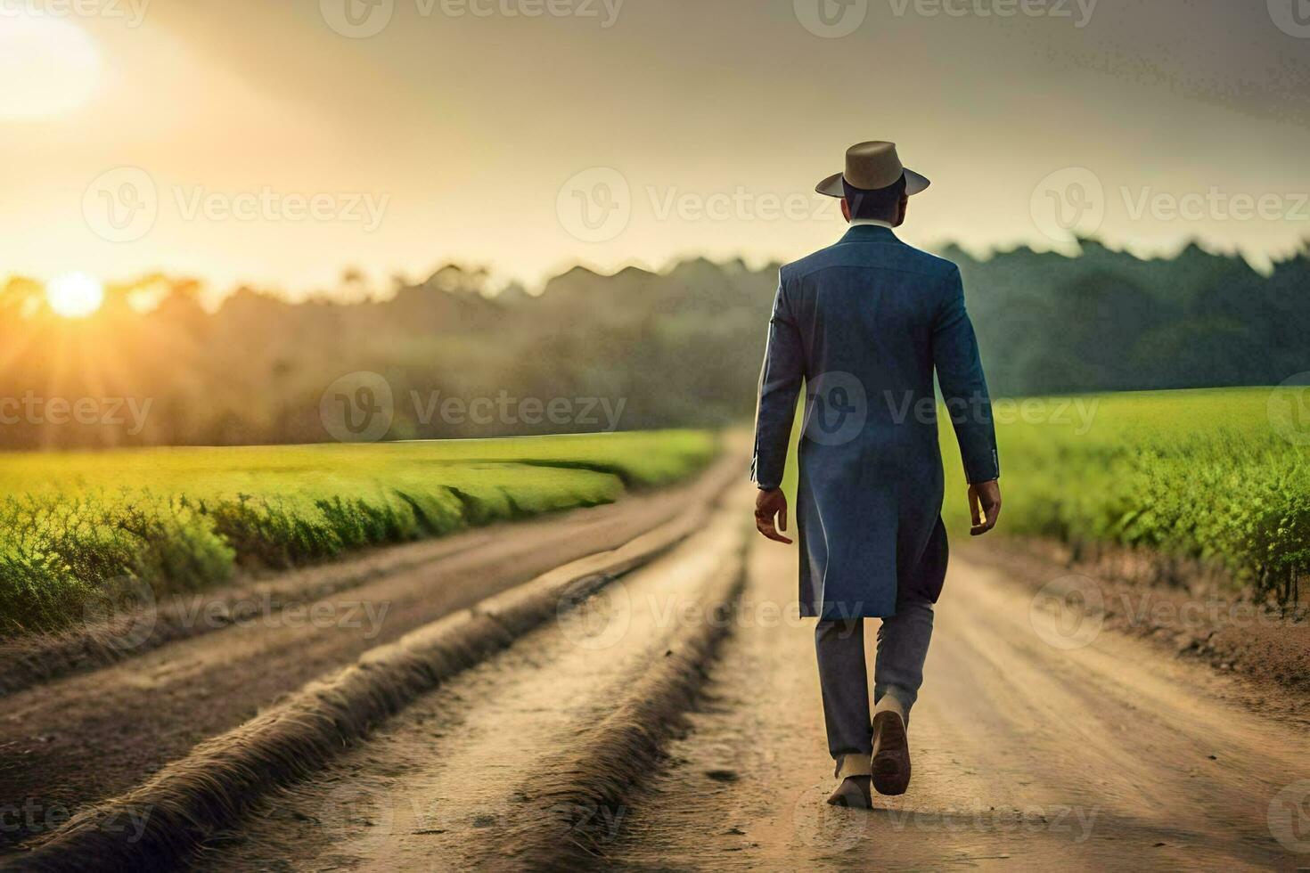 une homme dans une costume et chapeau en marchant vers le bas une saleté route. généré par ai photo