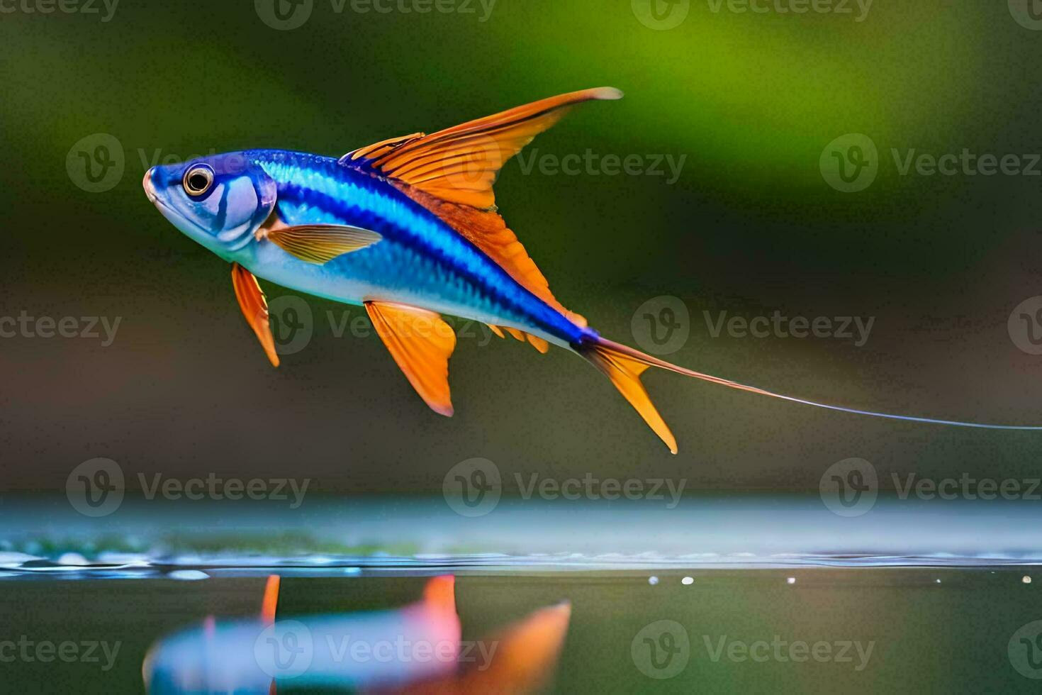 une poisson avec bleu et Orange palmes en volant plus de l'eau. généré par ai photo