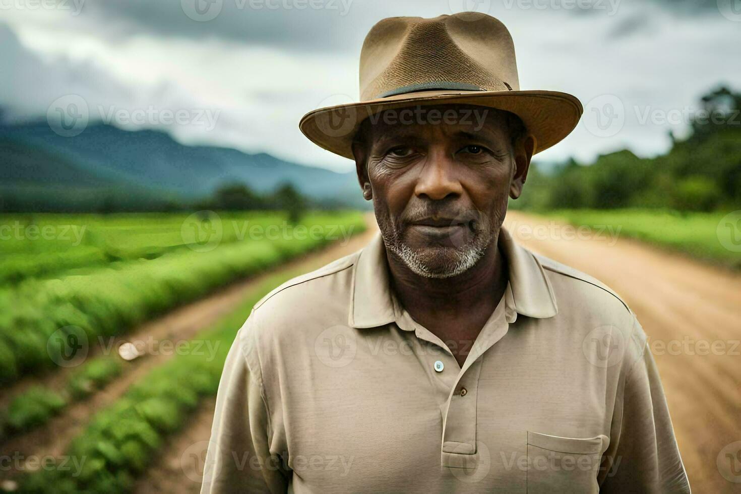 une homme dans une chapeau des stands dans une champ. généré par ai photo