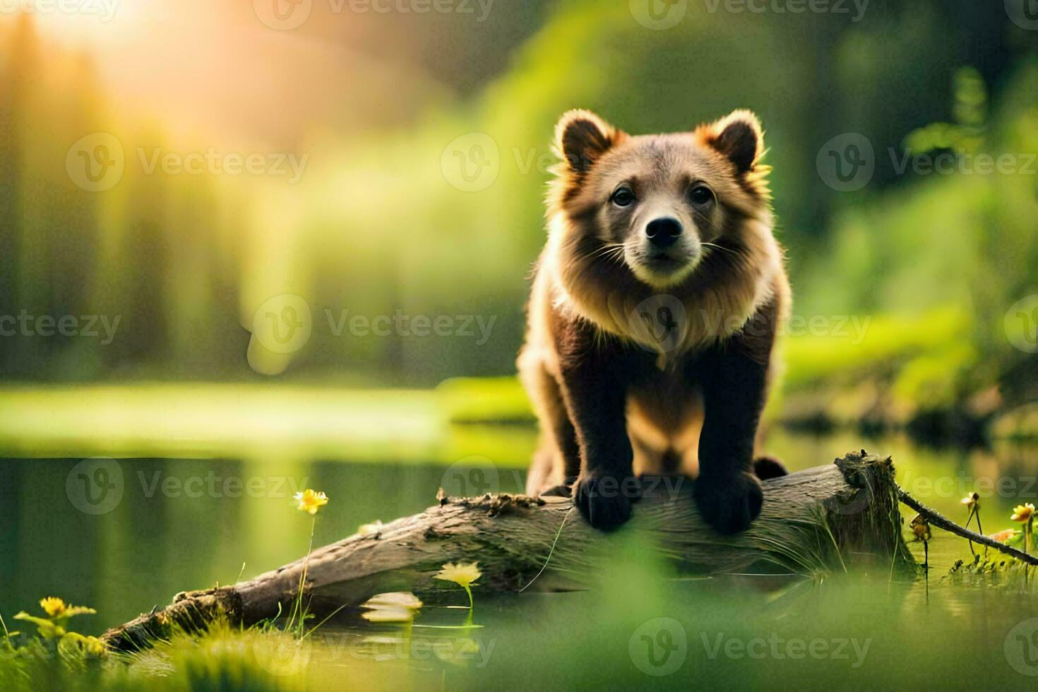 une ours permanent sur une Journal dans le milieu de une lac. généré par ai photo