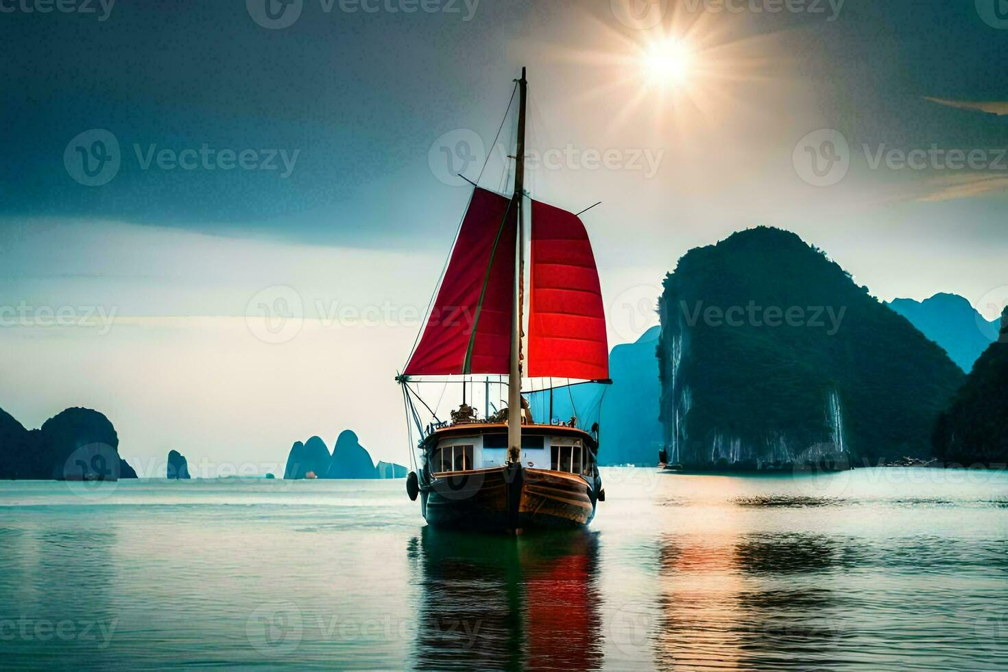 une bateau avec une rouge voile dans le l'eau. généré par ai photo