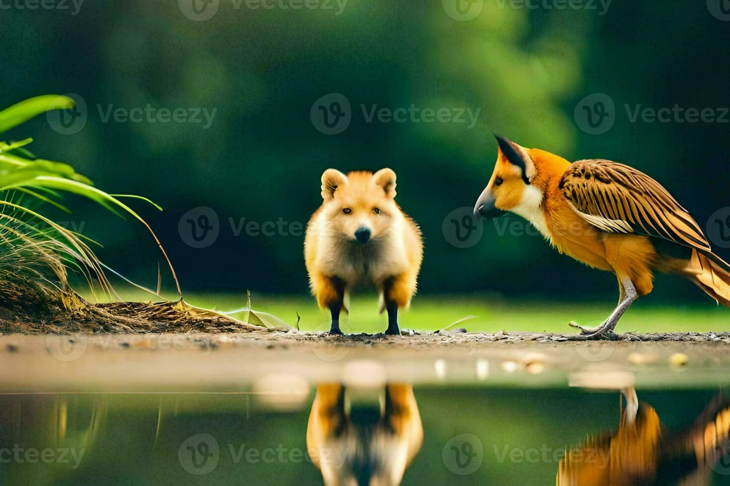 une oiseau et une Renard permanent suivant à chaque autre. généré par ai photo