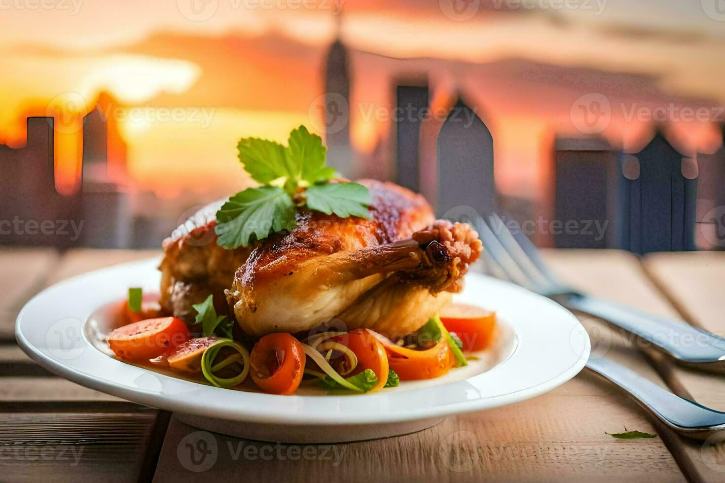 une assiette de poulet et des légumes avec une vue de le ville. généré par ai photo