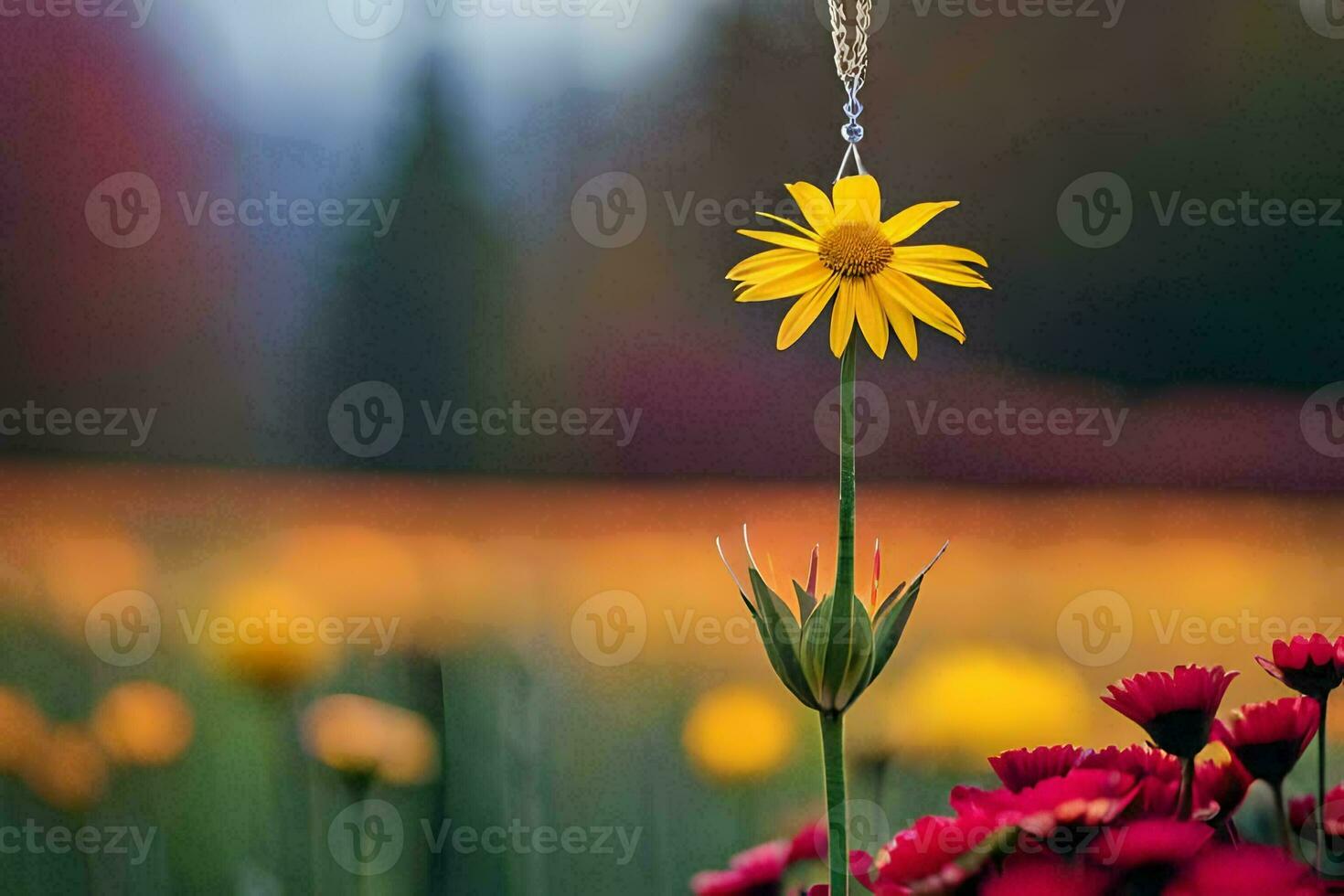 une Jaune fleur est pendaison de une Collier dans une champ. généré par ai photo