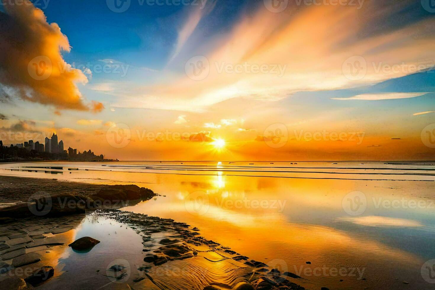 le Soleil ensembles plus de le ville horizon sur une plage. généré par ai photo