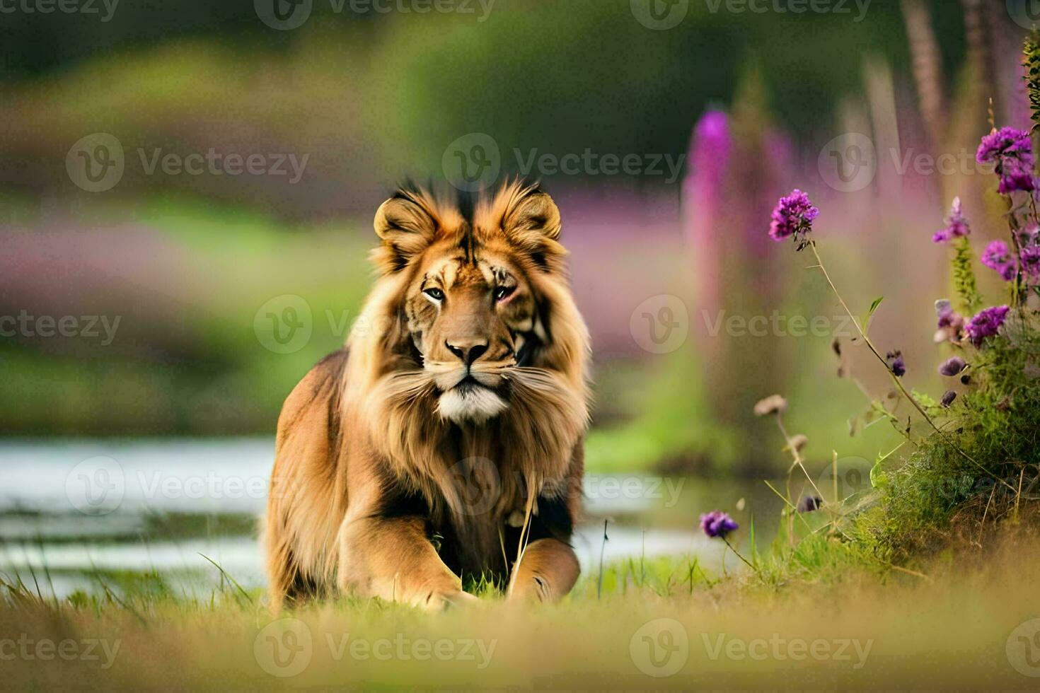 une Lion en marchant par une champ avec violet fleurs. généré par ai photo