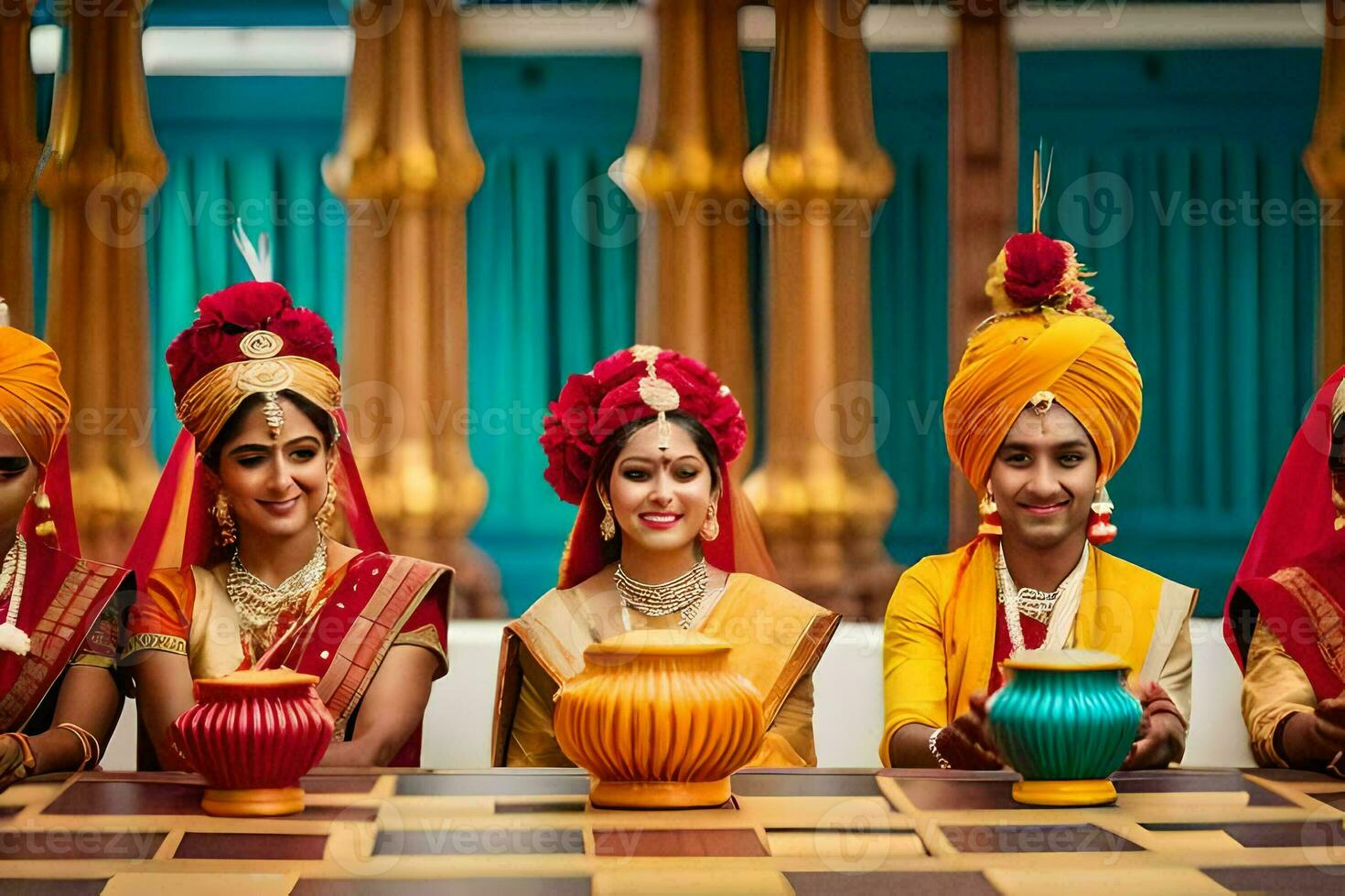 quatre femmes dans coloré turbans séance à une tableau. généré par ai photo