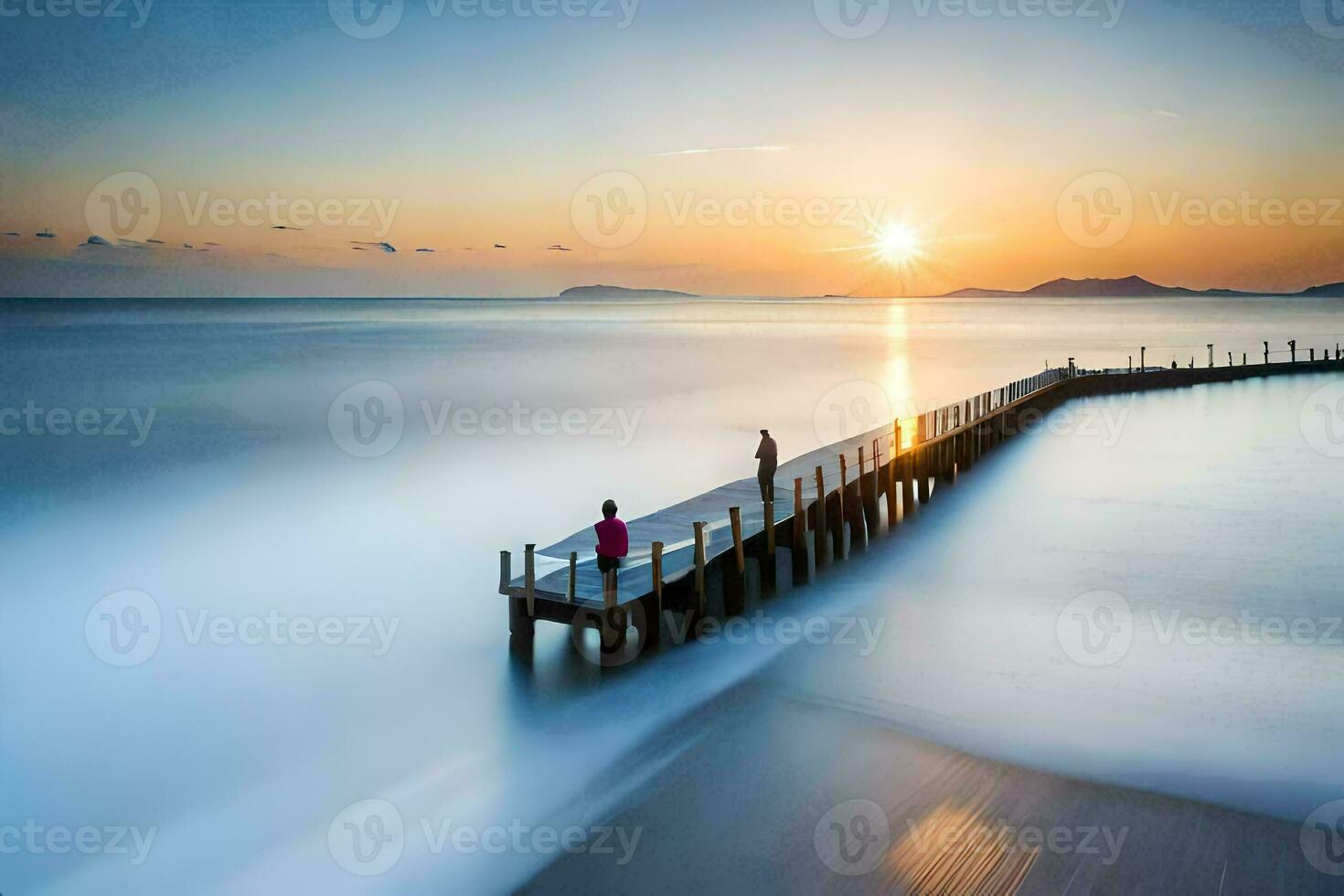 une couple permanent sur une jetée à le coucher du soleil. généré par ai photo