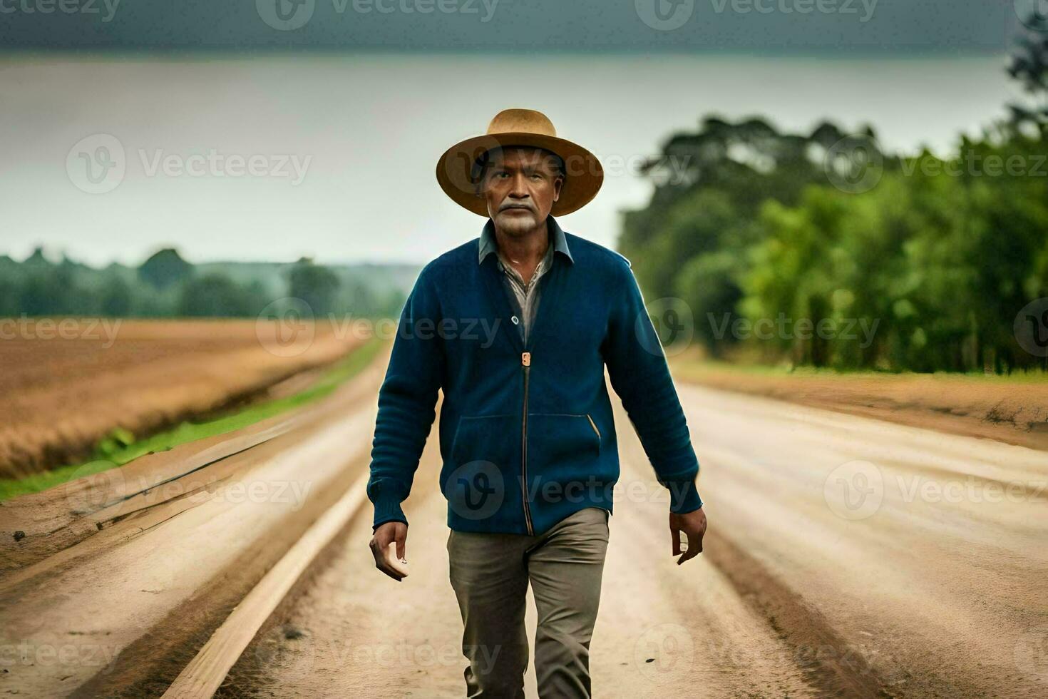 une homme portant une chapeau et une bleu chandail en marchant vers le bas une saleté route. généré par ai photo