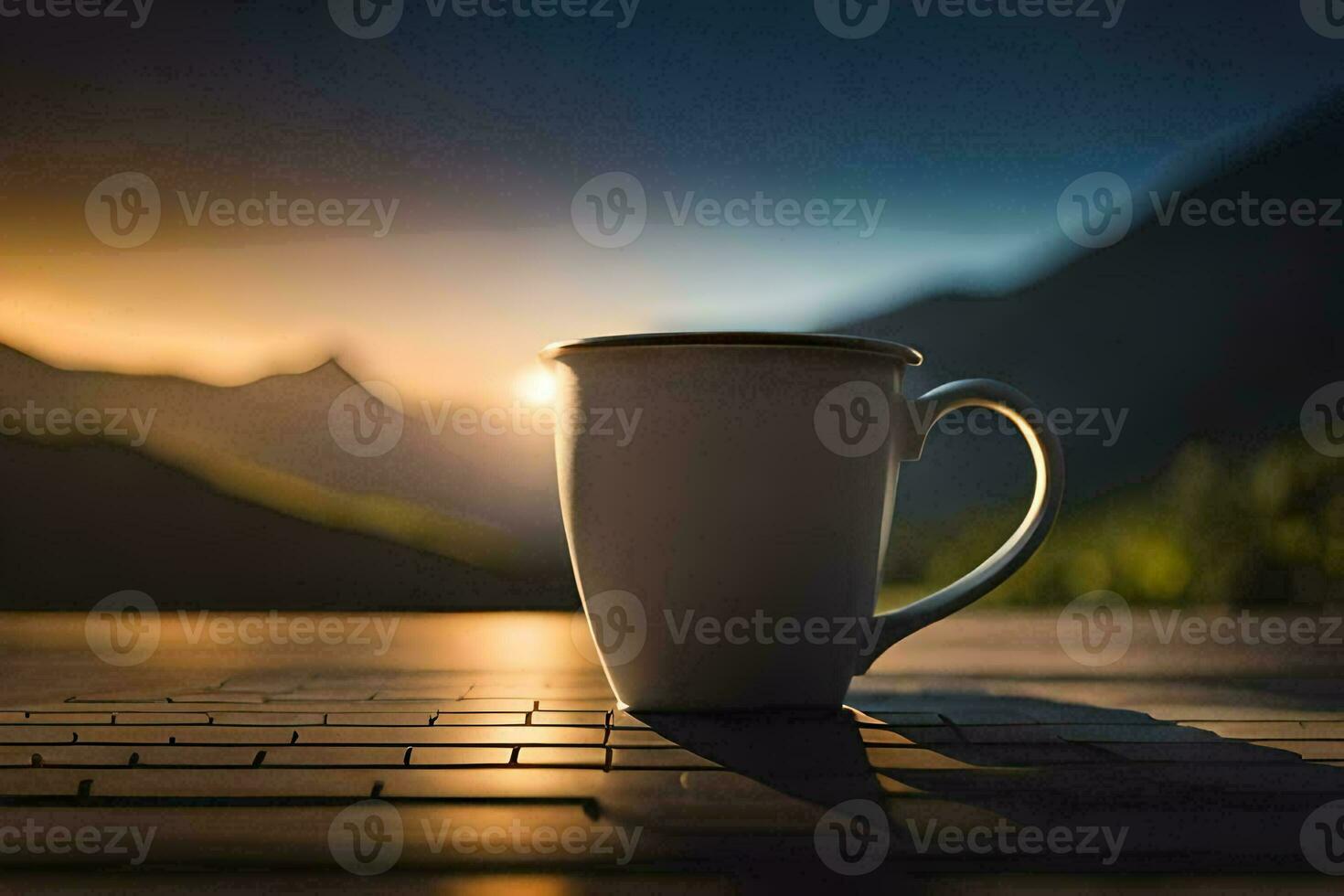 une café tasse est assis sur une table dans de face de une Montagne. généré par ai photo