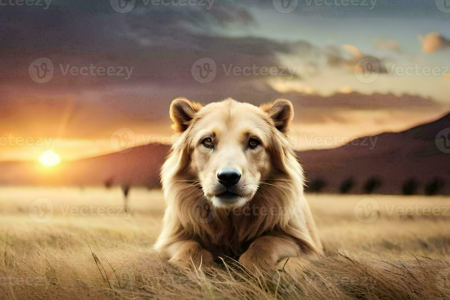 une Lion est séance dans le milieu de une champ à le coucher du soleil. généré par ai photo