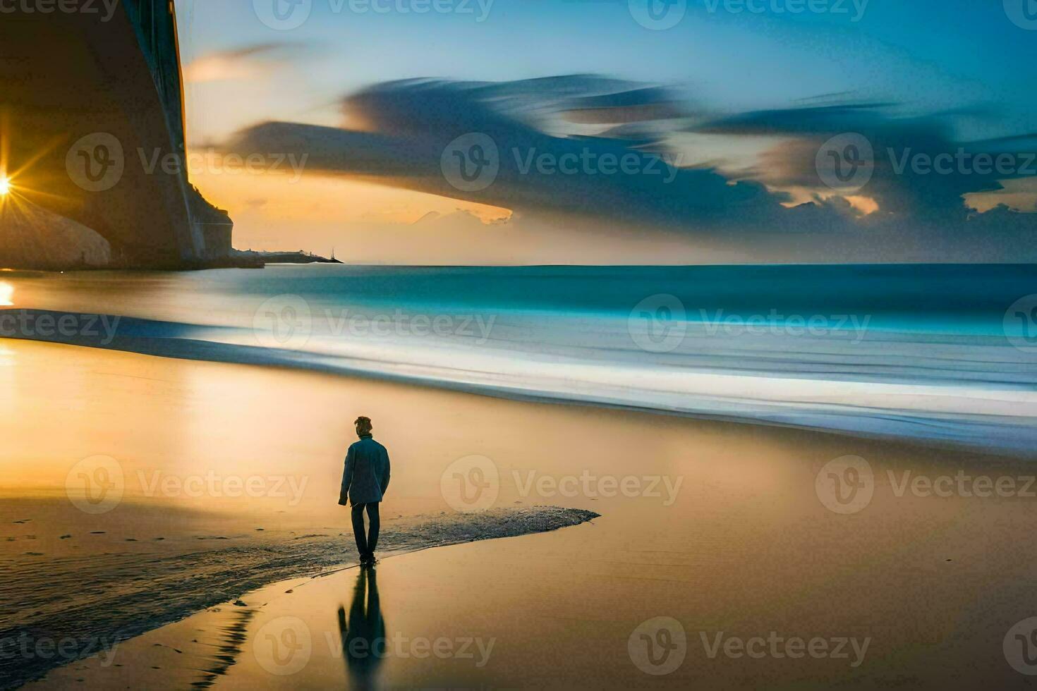 une homme permanent sur le plage à le coucher du soleil. généré par ai photo