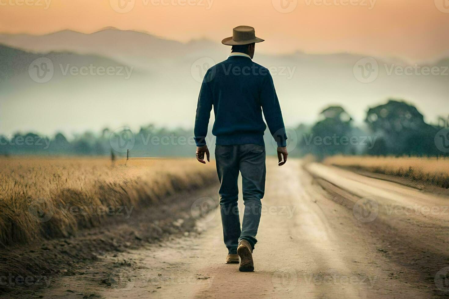 une homme en marchant vers le bas une saleté route dans le milieu de une champ. généré par ai photo