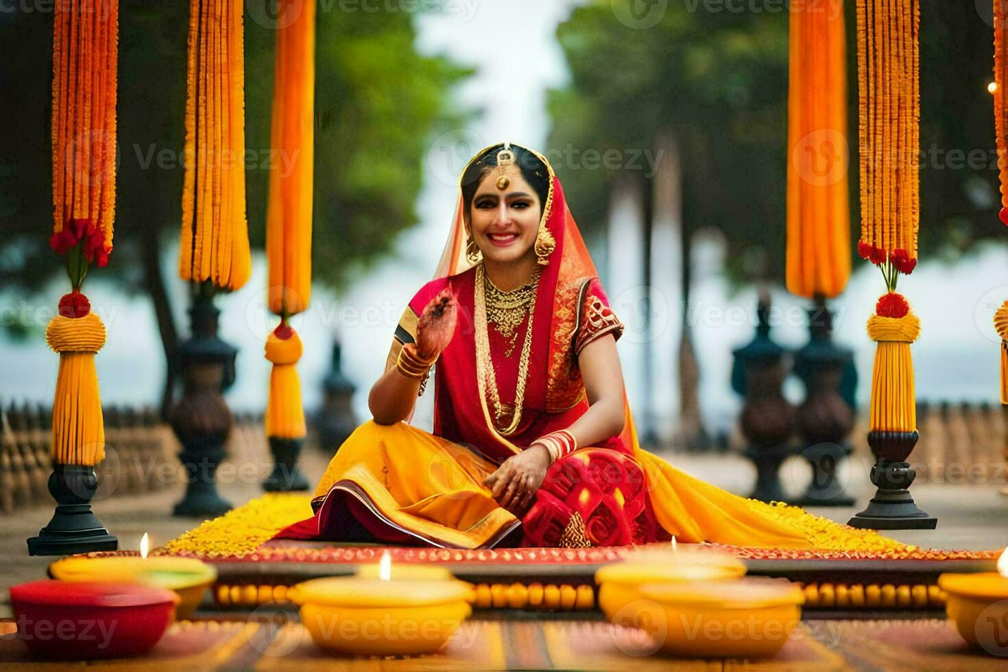 une magnifique Indien la mariée séance sur une tapis avec bougies. généré par ai photo