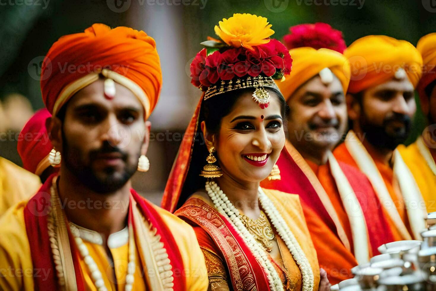 une la mariée et jeune marié dans traditionnel Indien tenue. généré par ai photo