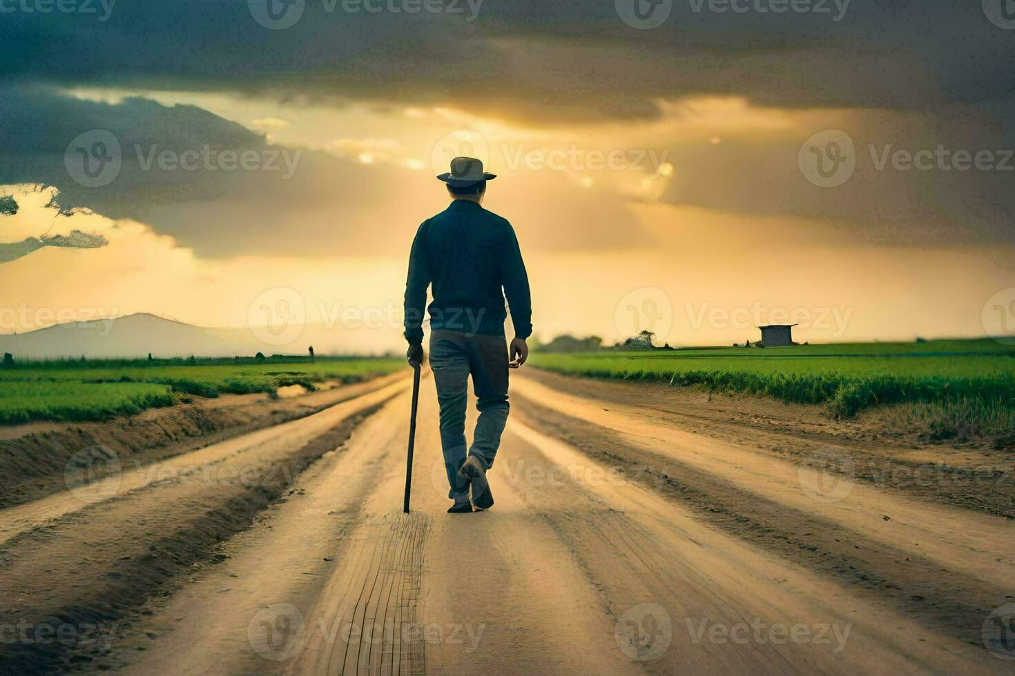 une homme en marchant vers le bas une saleté route avec une canne. généré par ai photo