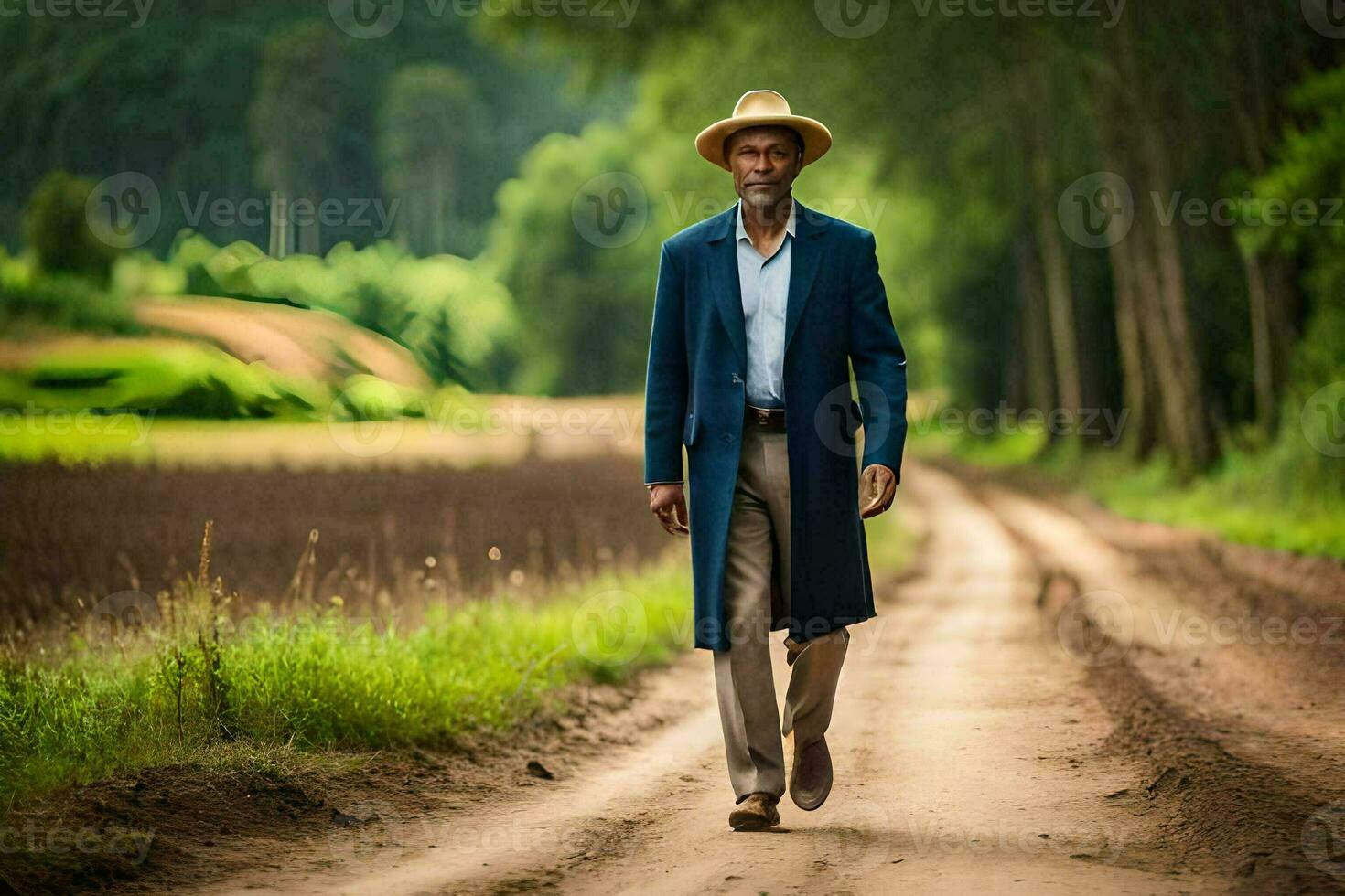 une homme dans une bleu manteau et chapeau en marchant vers le bas une saleté route. généré par ai photo