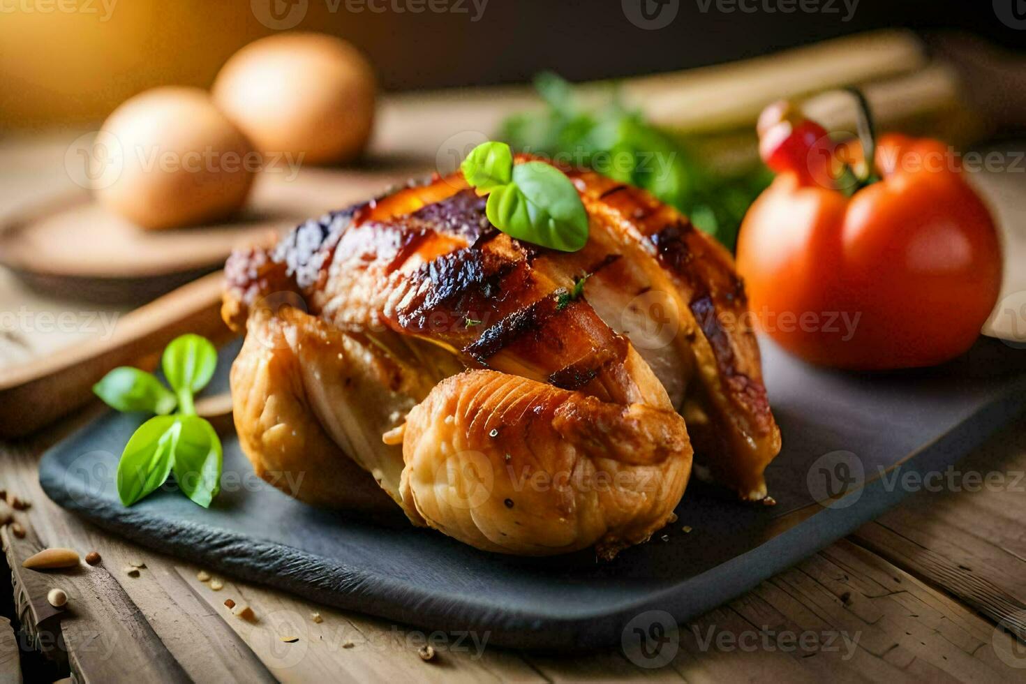 grillé poulet sur une noir assiette avec des légumes. généré par ai photo