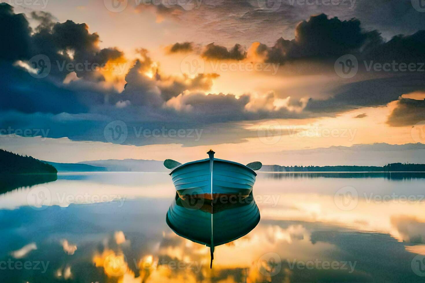 photo fond d'écran le ciel, des nuages, bateau, lac, coucher de soleil, réflexion. généré par ai