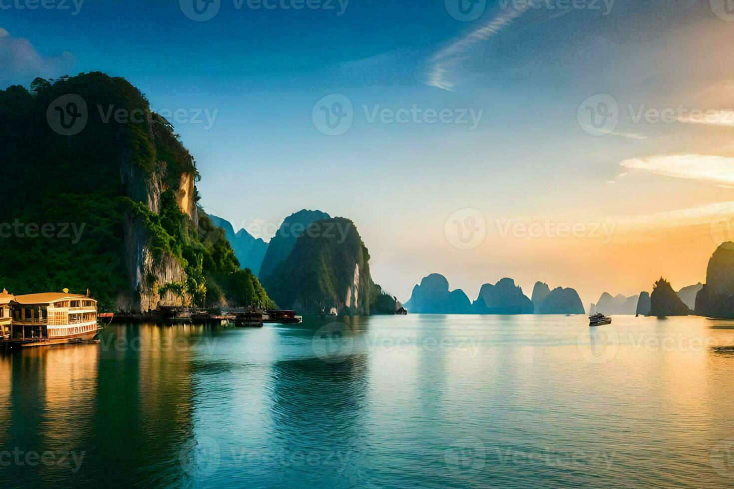 le Soleil ensembles plus de le l'eau dans halong baie, vietnam. généré par ai photo