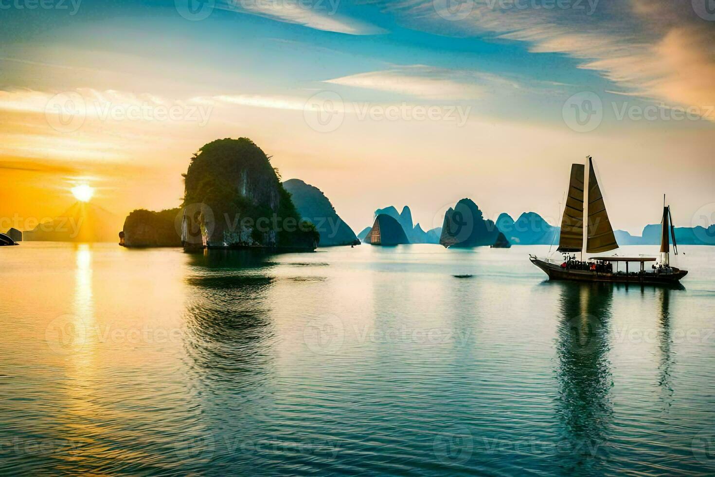 une bateau dans le l'eau à le coucher du soleil avec montagnes dans le Contexte. généré par ai photo