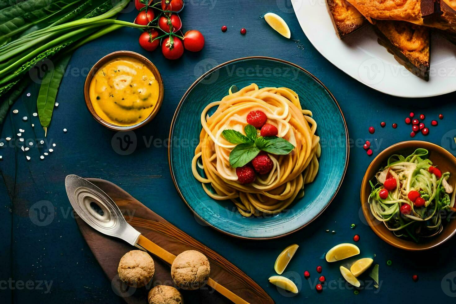 spaghetti avec légumes, pain et sauce sur bleu tableau. généré par ai photo