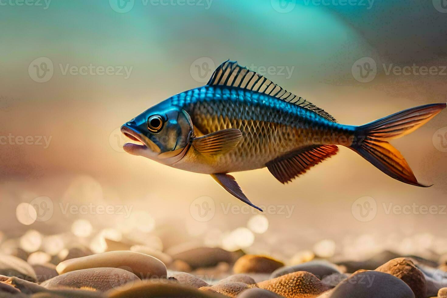 une poisson est nager sur le rochers. généré par ai photo