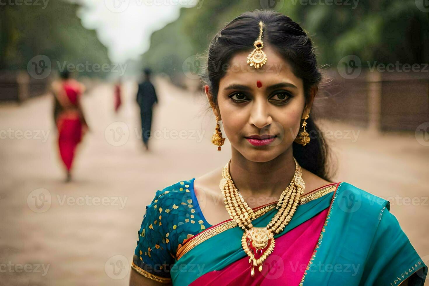 une femme dans traditionnel sari pose pour une photo. généré par ai photo