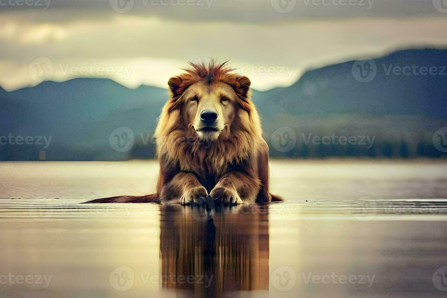 une Lion séance dans le l'eau. généré par ai photo