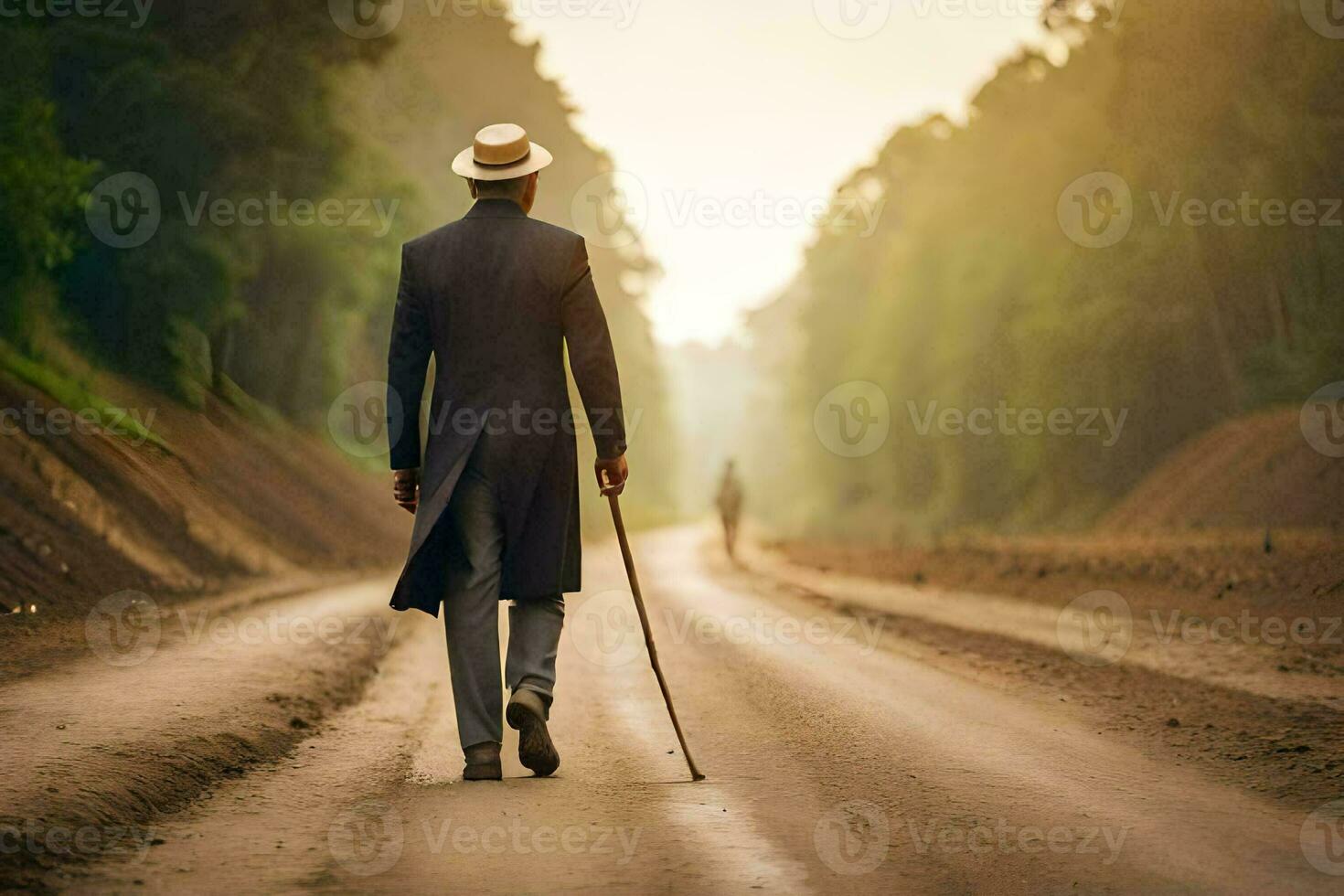 une homme dans une costume et chapeau en marchant vers le bas une saleté route. généré par ai photo