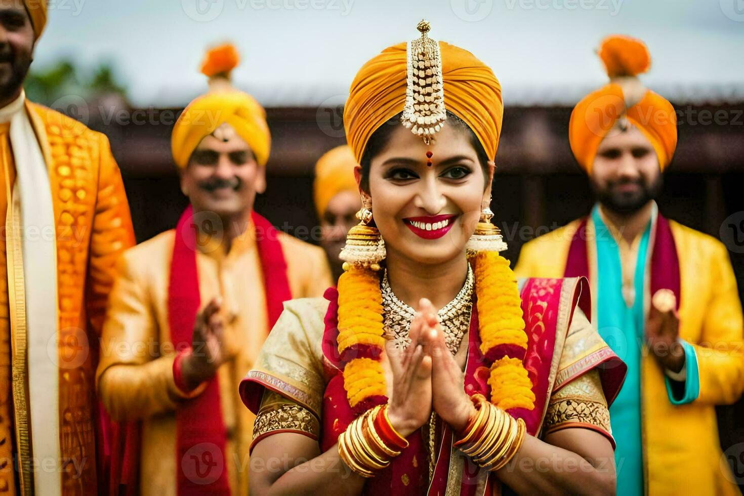 une la mariée et jeune marié dans traditionnel Indien tenue. généré par ai photo