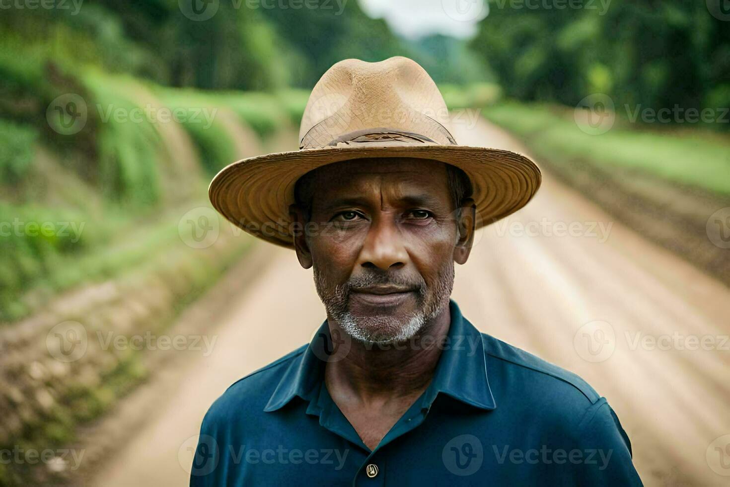 une homme portant une chapeau des stands sur une saleté route. généré par ai photo