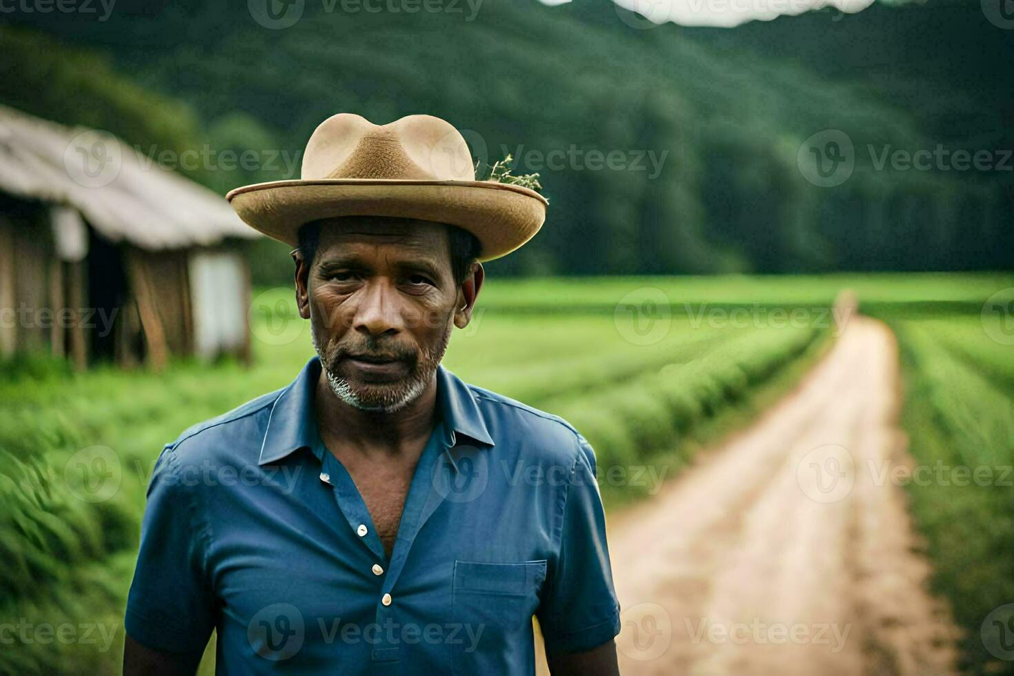 une homme dans une chapeau permanent dans une saleté route. généré par ai photo