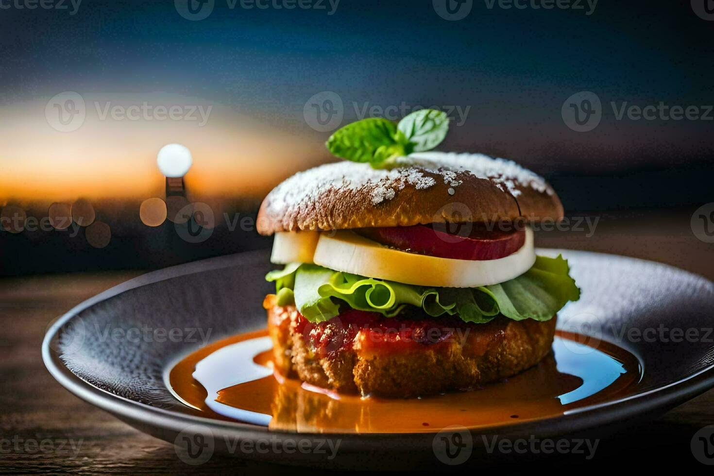 une Burger avec tomate, salade et fromage sur une plaque. généré par ai photo