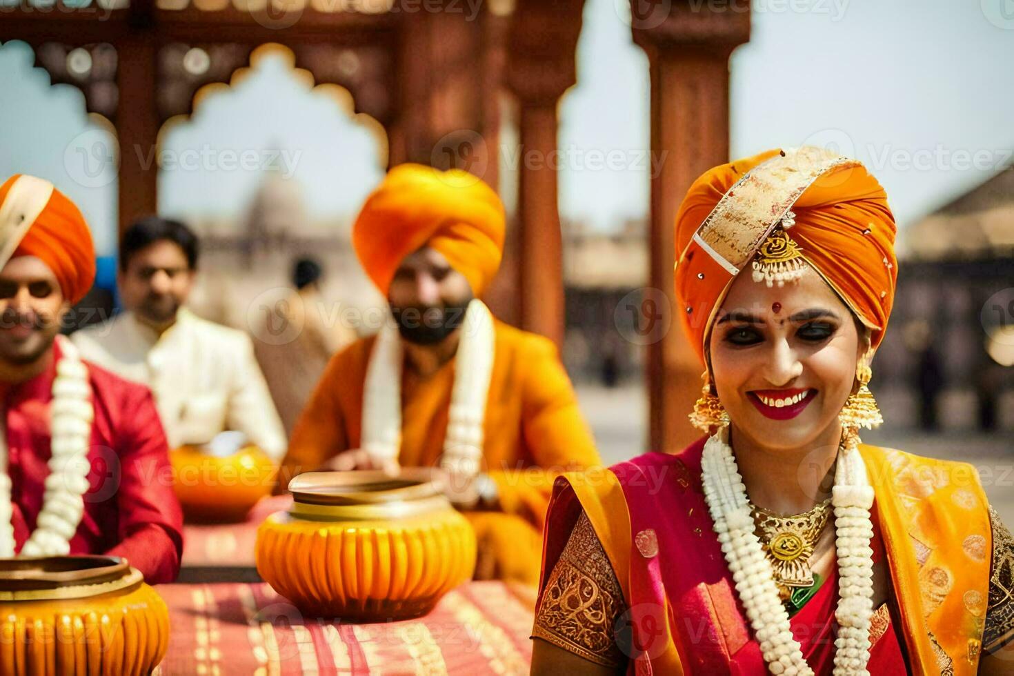 une la mariée et jeune marié dans traditionnel Indien tenue. généré par ai photo