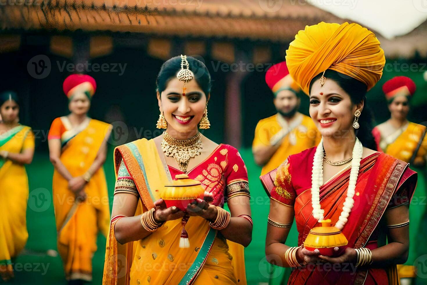 Indien femmes dans traditionnel tenue en portant une lampe. généré par ai photo