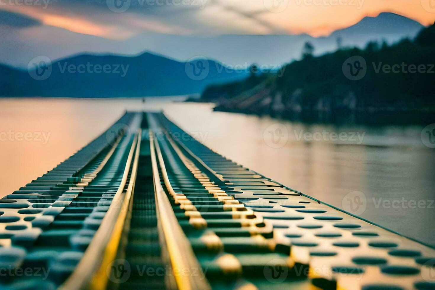 une train Piste est vu dans le distance à le coucher du soleil. généré par ai photo