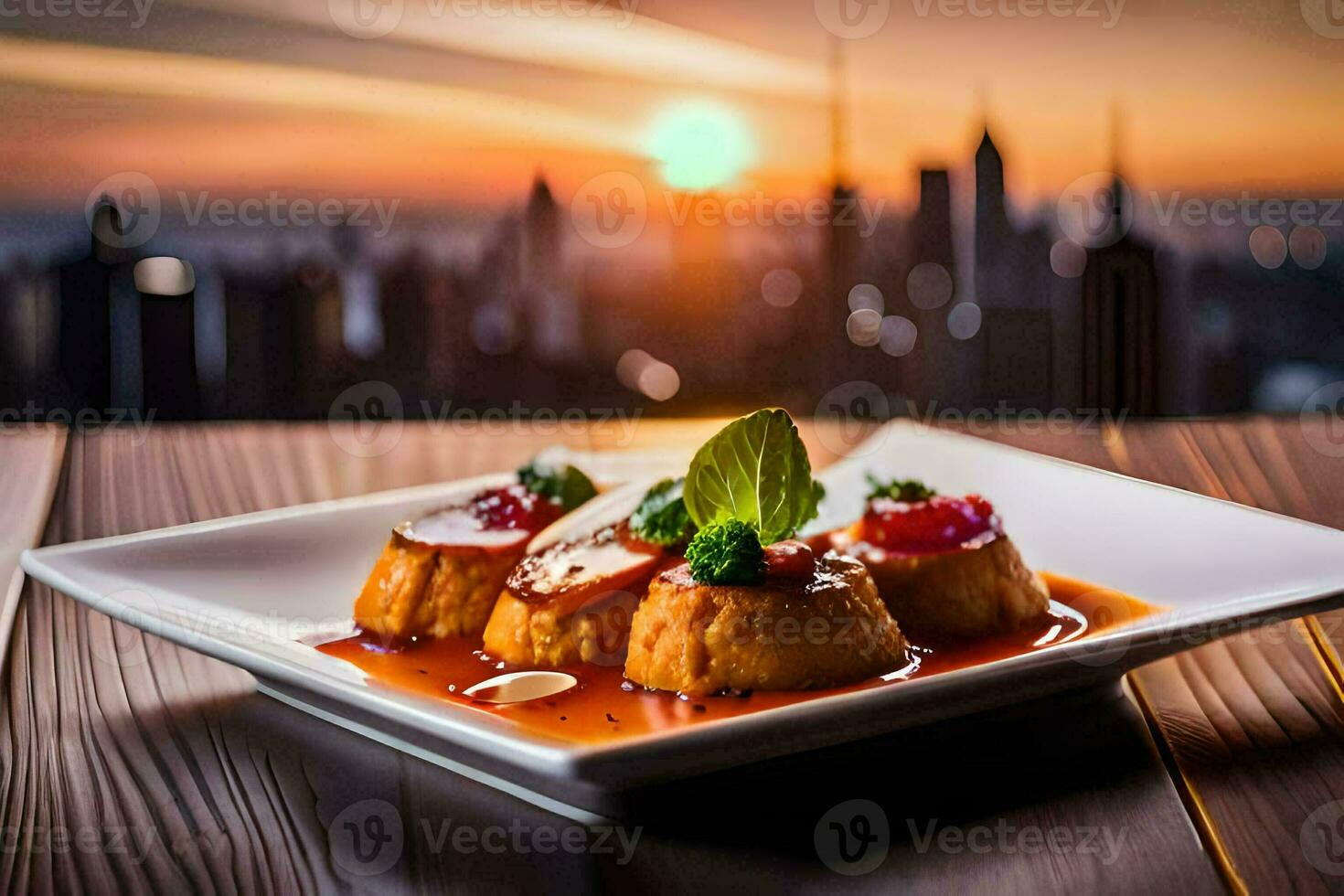 nourriture sur une assiette avec une paysage urbain dans le Contexte. généré par ai photo