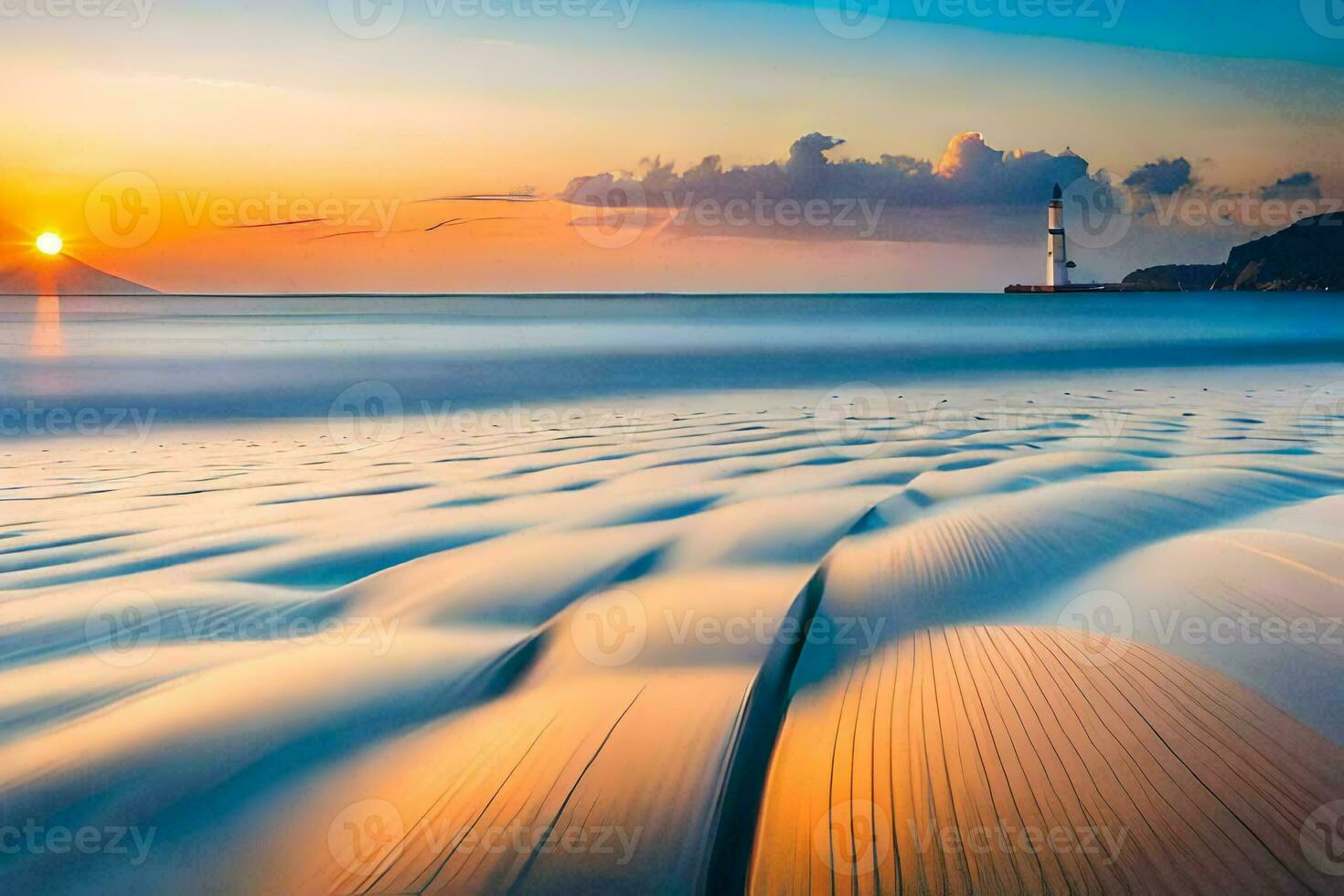 une phare est dans le distance à le coucher du soleil. généré par ai photo