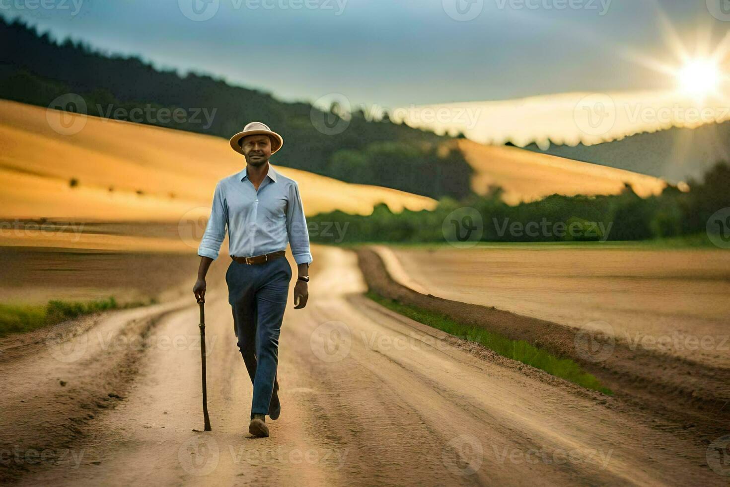 une homme en marchant sur une saleté route avec une canne. généré par ai photo