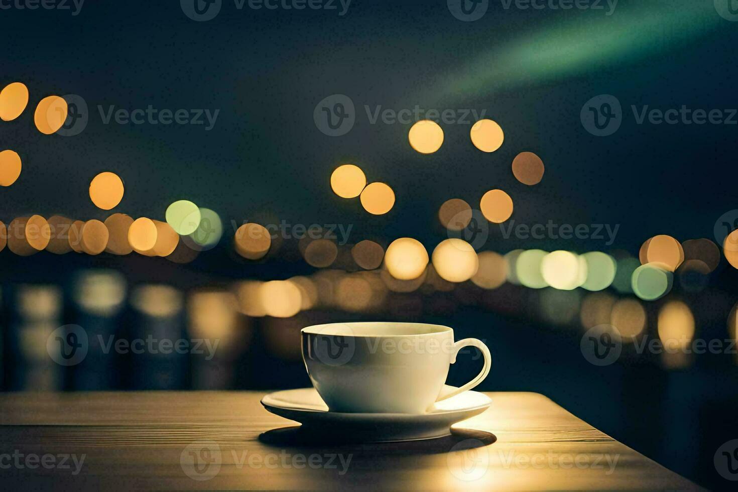 une tasse de café sur une table dans de face de une paysage urbain. généré par ai photo