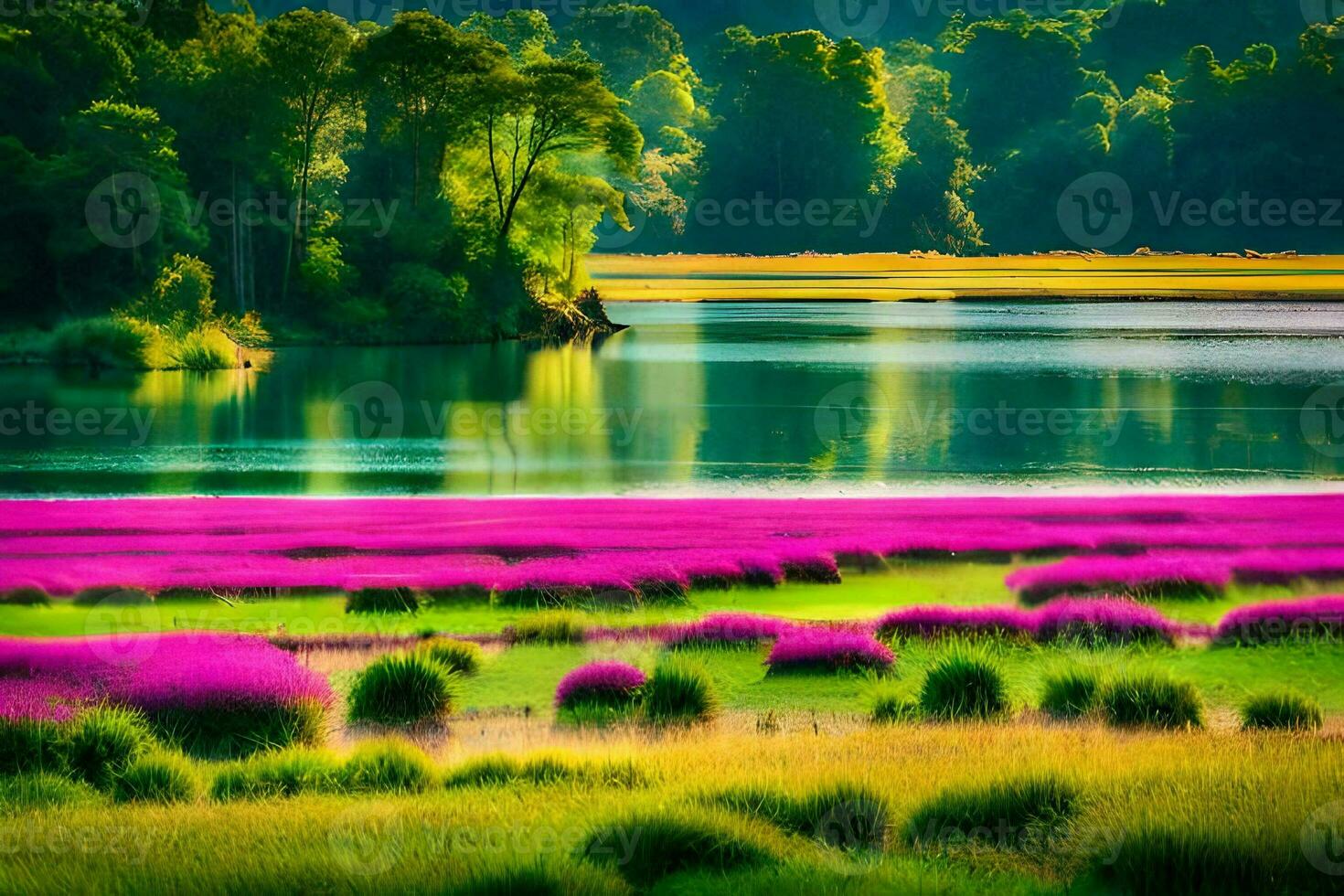 une Lac et violet fleurs dans le premier plan. généré par ai photo