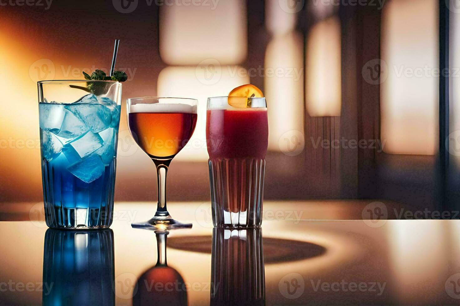 Trois différent les boissons sont séance sur une tableau. généré par ai photo