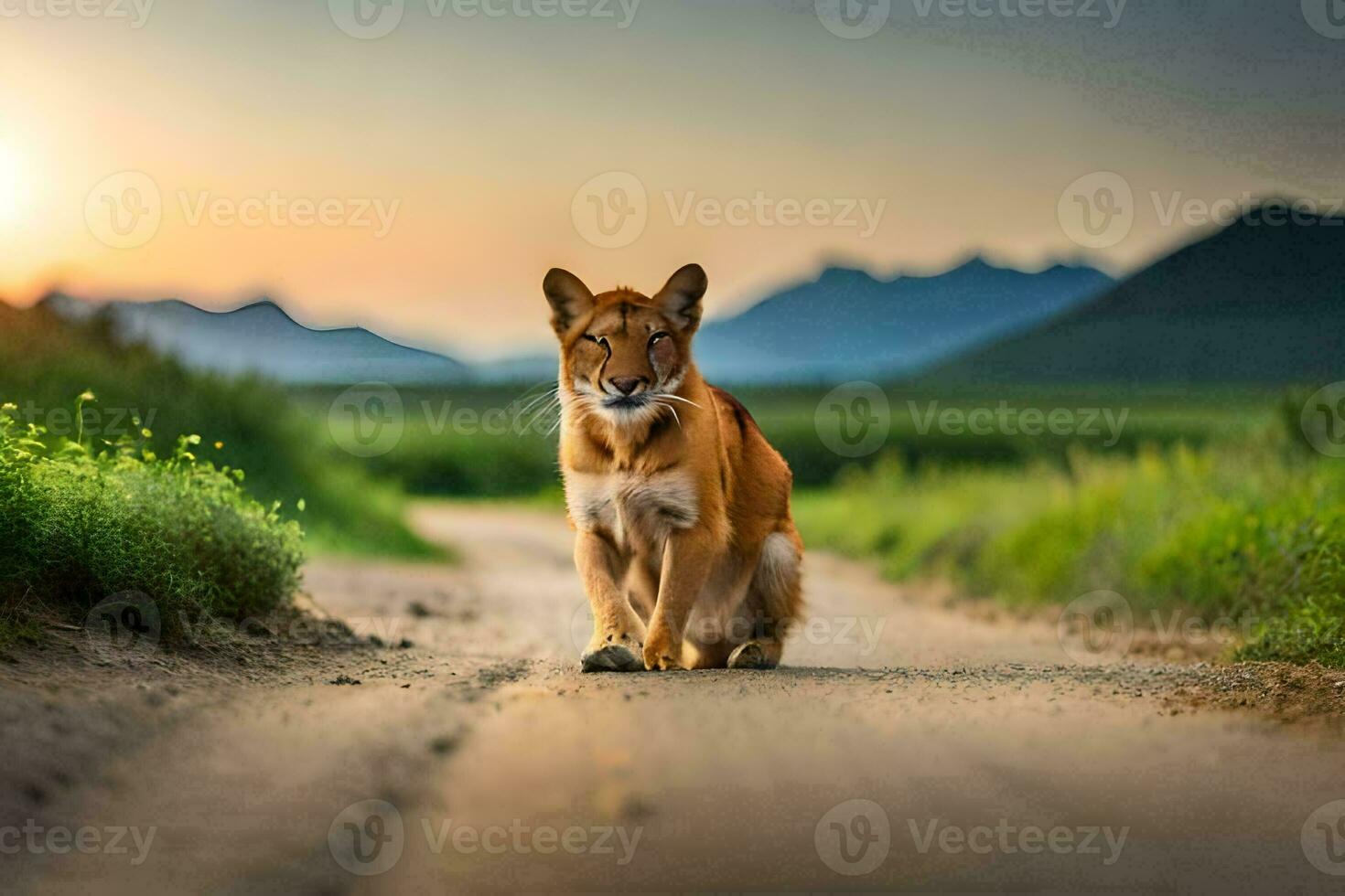 une Lion est en marchant vers le bas une saleté route à le coucher du soleil. généré par ai photo