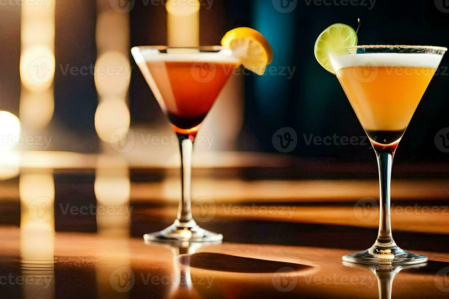 deux des cocktails asseoir sur une table avec une lumière derrière eux. généré par ai photo