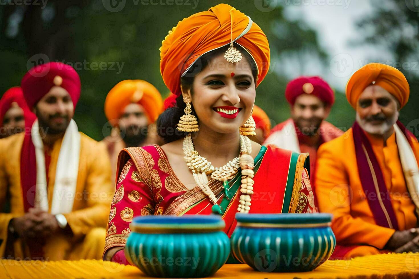 une femme dans une turban et or bijoux est souriant. généré par ai photo