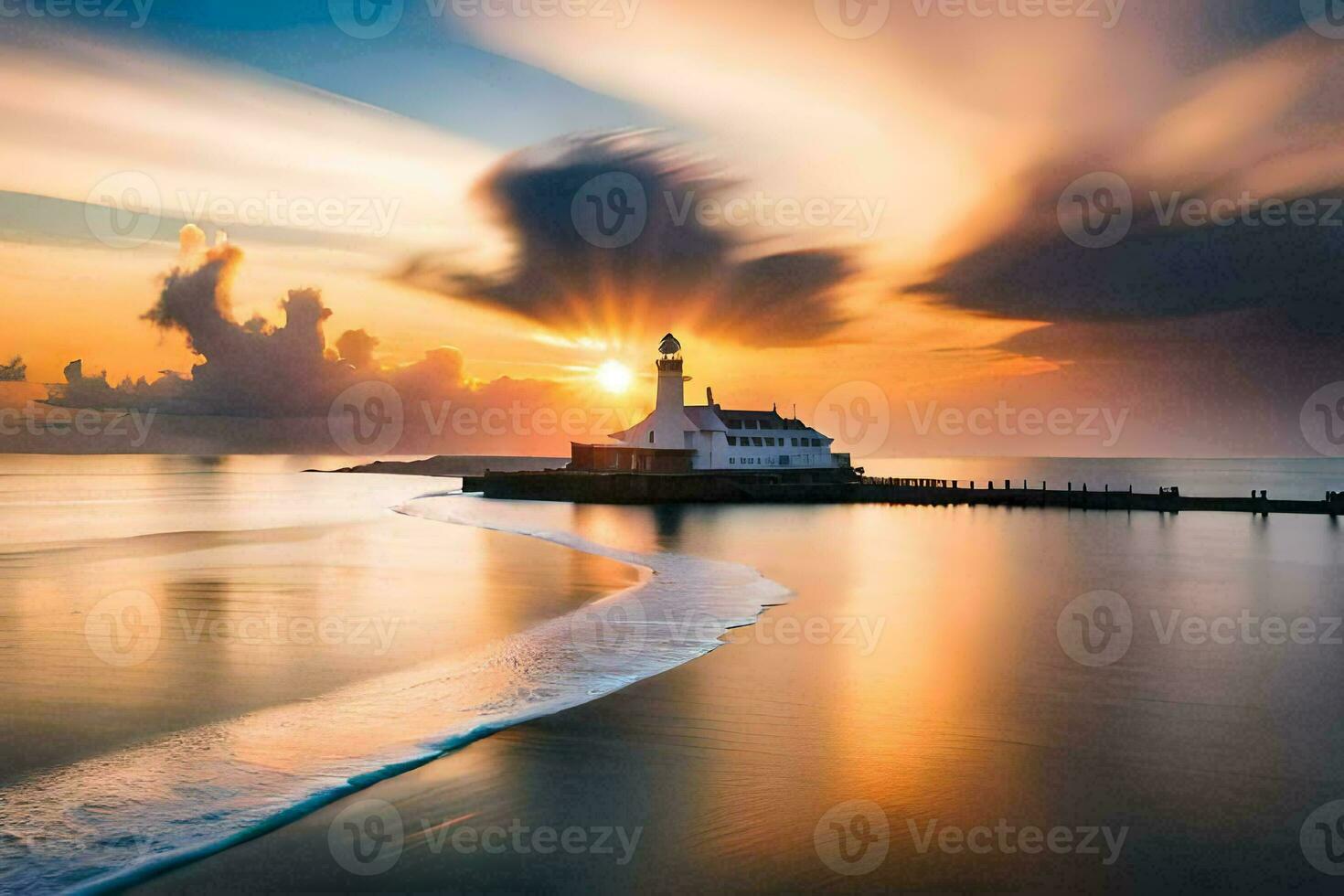 une phare est vu dans le le coucher du soleil. généré par ai photo